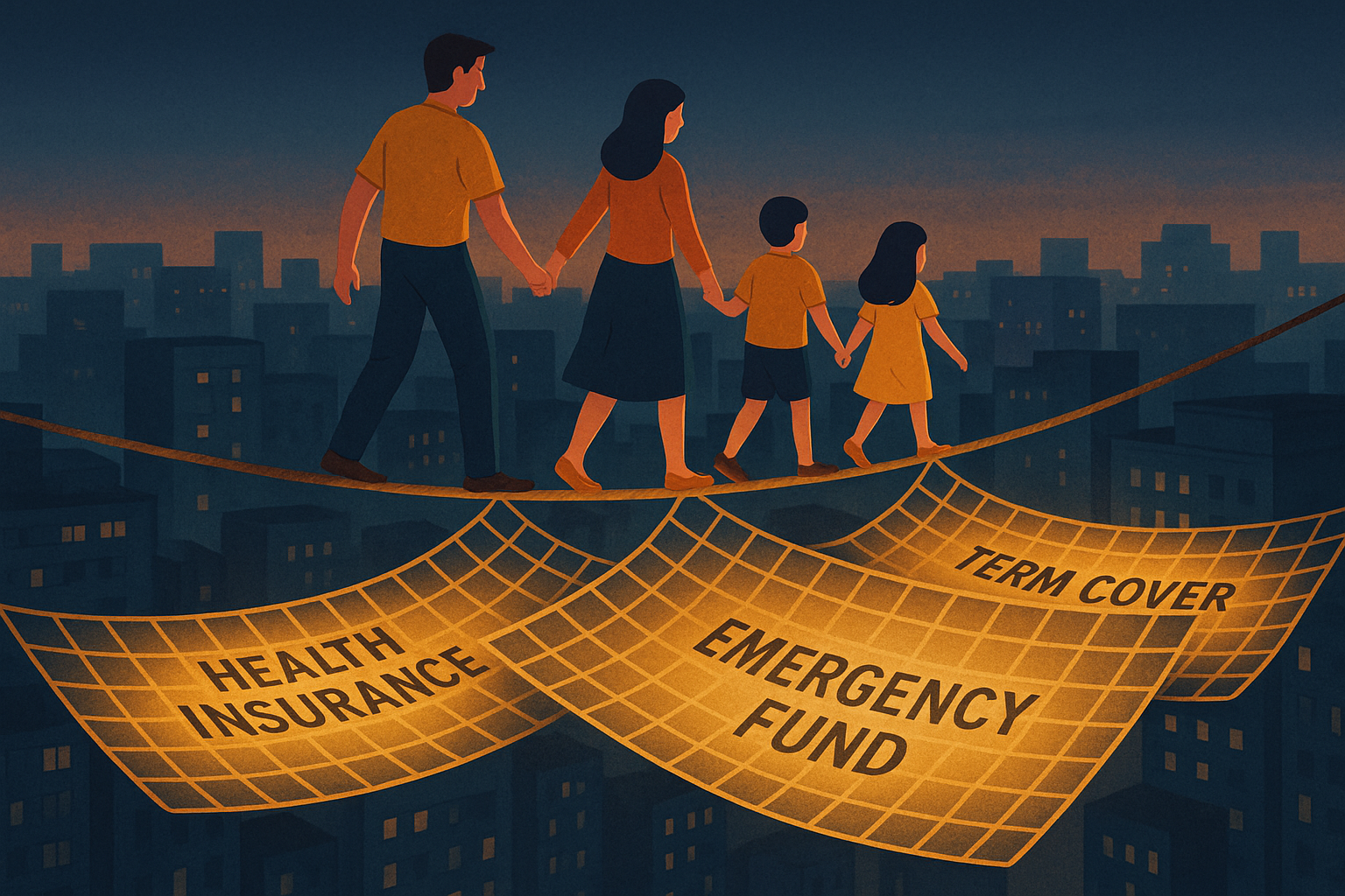 A family walking on a tightrope above a city skyline with safety nets labeled health insurance, term cover, and emergency fund below them.