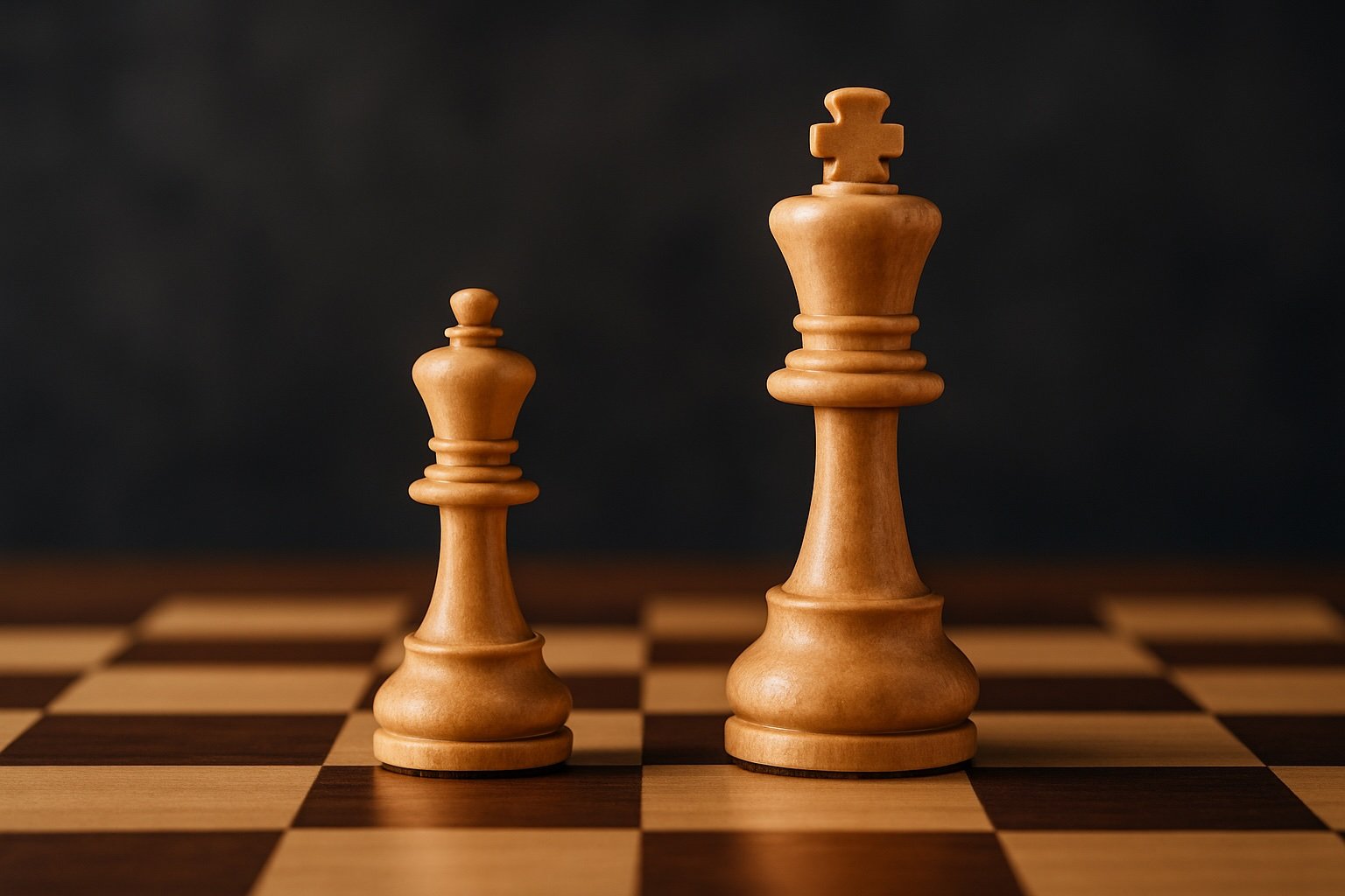 Two wooden chess kings of the same color facing each other, with the larger king on the right symbolizing self-improvement and personal growth.