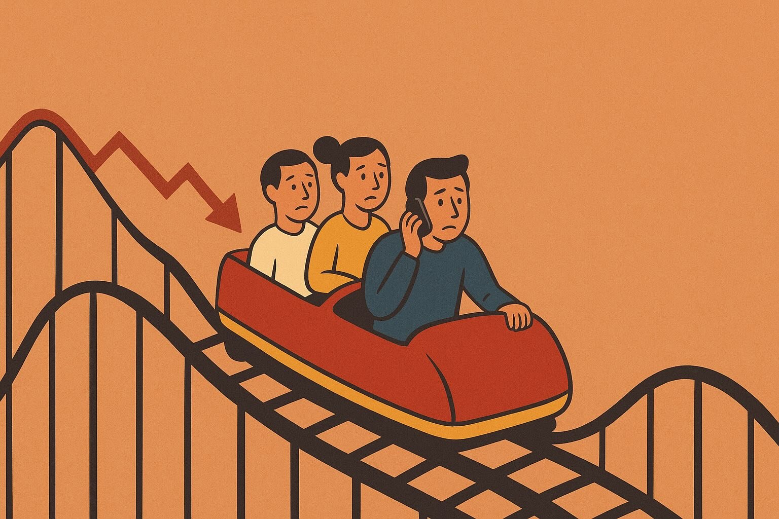 Illustration of investors riding a rollercoaster symbolizing stock market ups and downs, with one investor calling for help — the ‘Uncle Point’ moment.