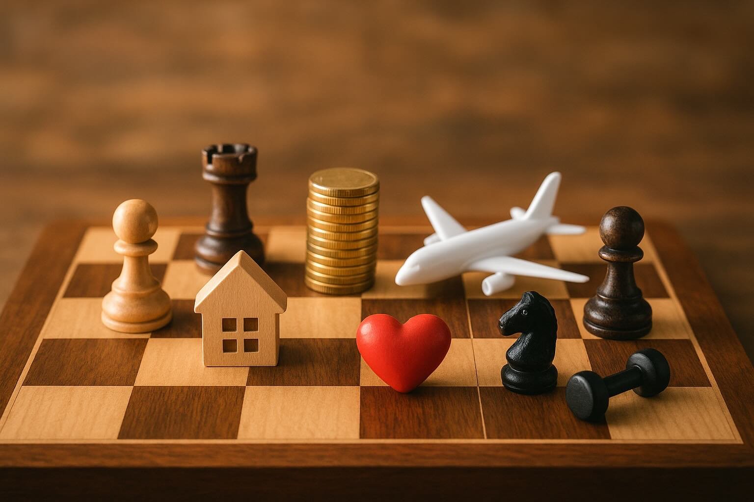A wooden chessboard with chess pieces and symbolic life objects — coins, house, airplane, heart, and dumbbell — representing financial planning and life balance.
