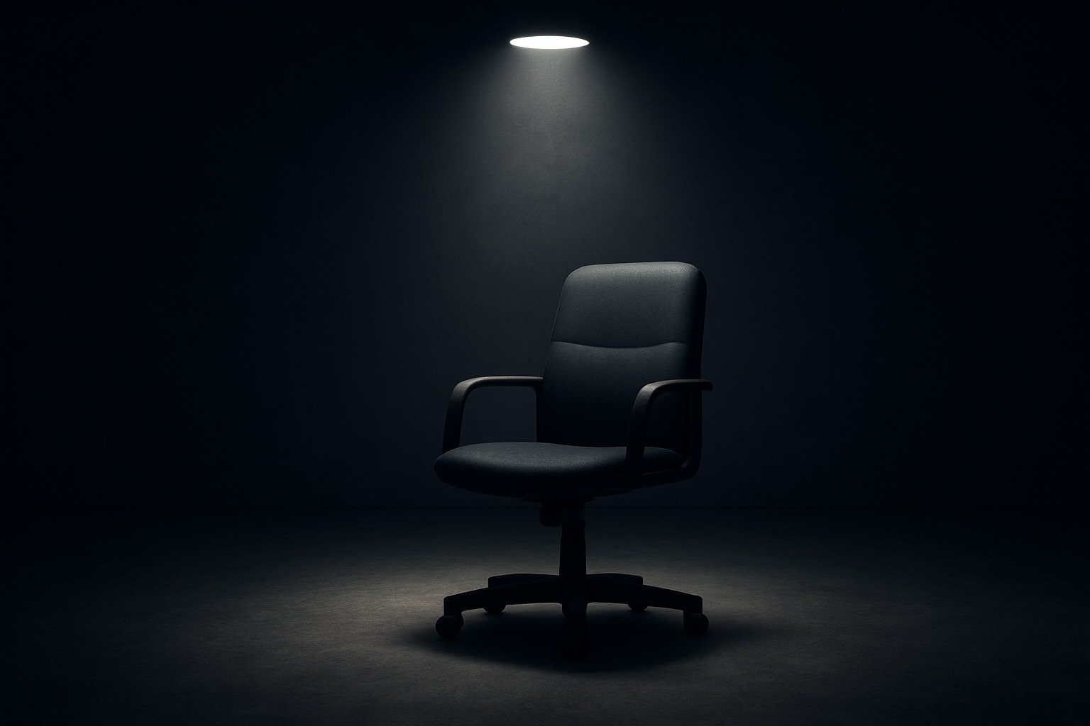 A black office chair under a spotlight symbolizing job loss and financial preparedness.