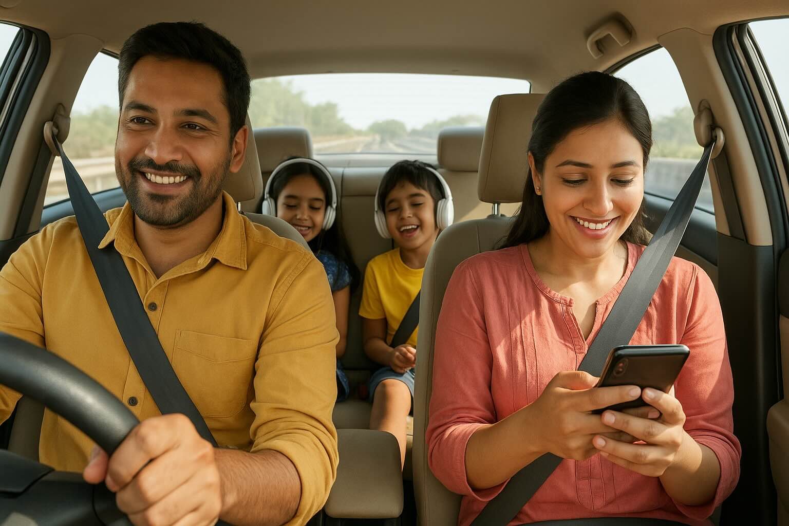 A cheerful Indian family on a road trip — parents in front, kids in the back seat, listening to music together.