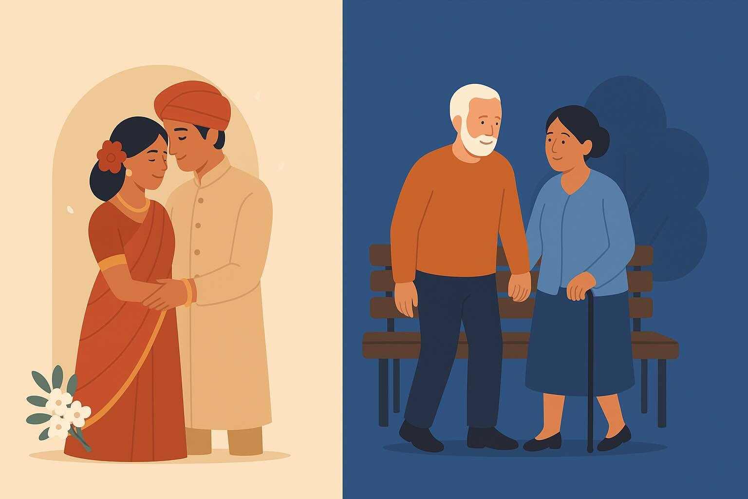 An illustration showing an Indian couple on their wedding day on the left and the same couple in old age sitting on a park bench on the right, symbolizing long-term commitment — connecting to the idea that investing is not the same as wealth.