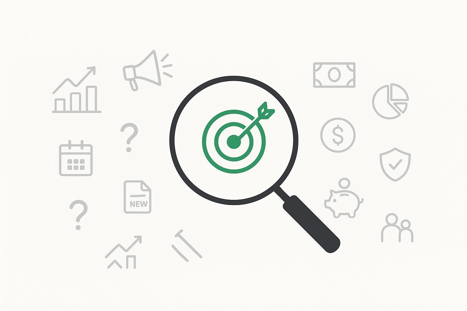 Illustration showing a magnifying glass revealing a clear financial target among cluttered icons, symbolizing how asking better questions leads to better money decisions.