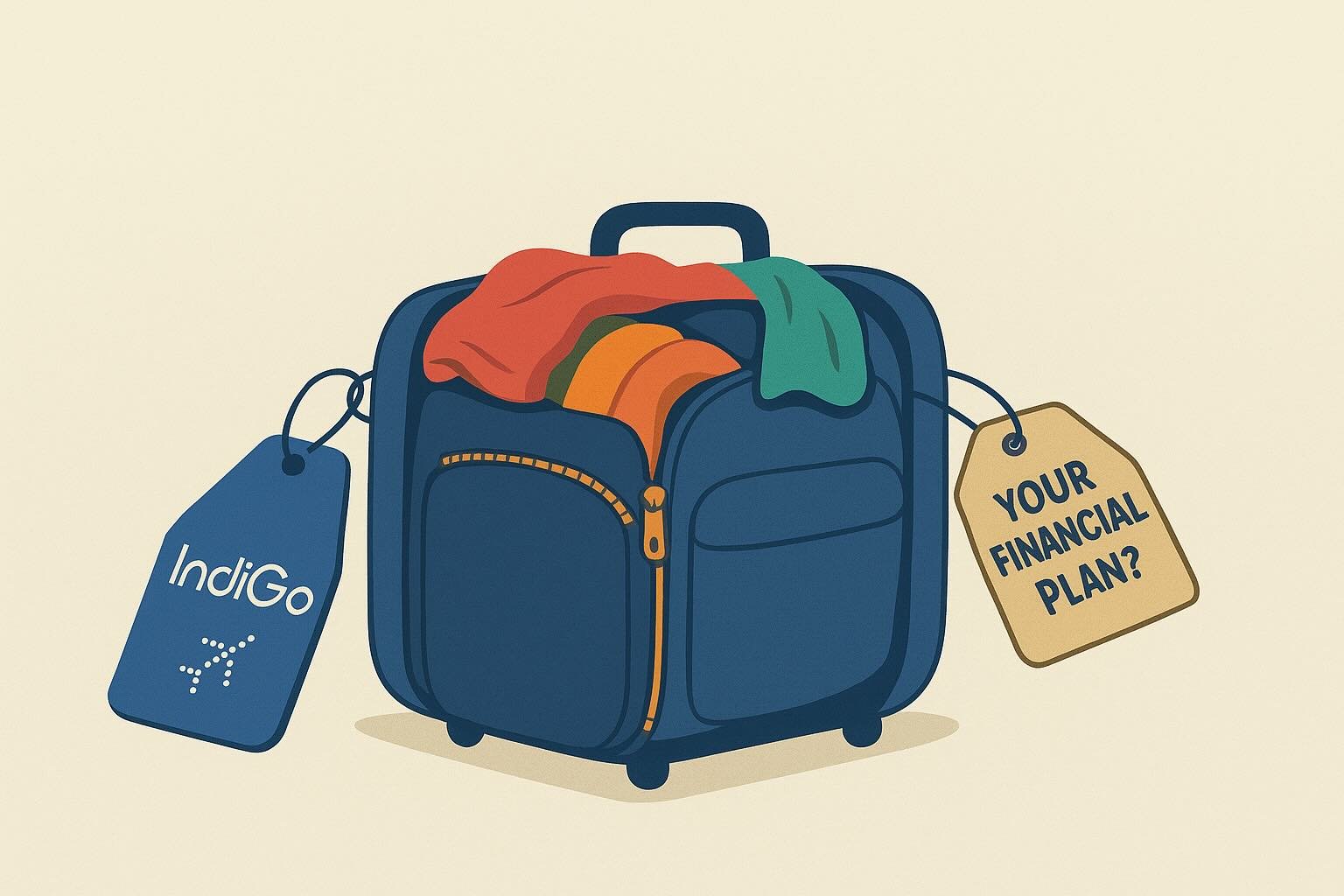 Overstuffed suitcase with IndiGo tag symbolizing financial stress from running plans without buffers.