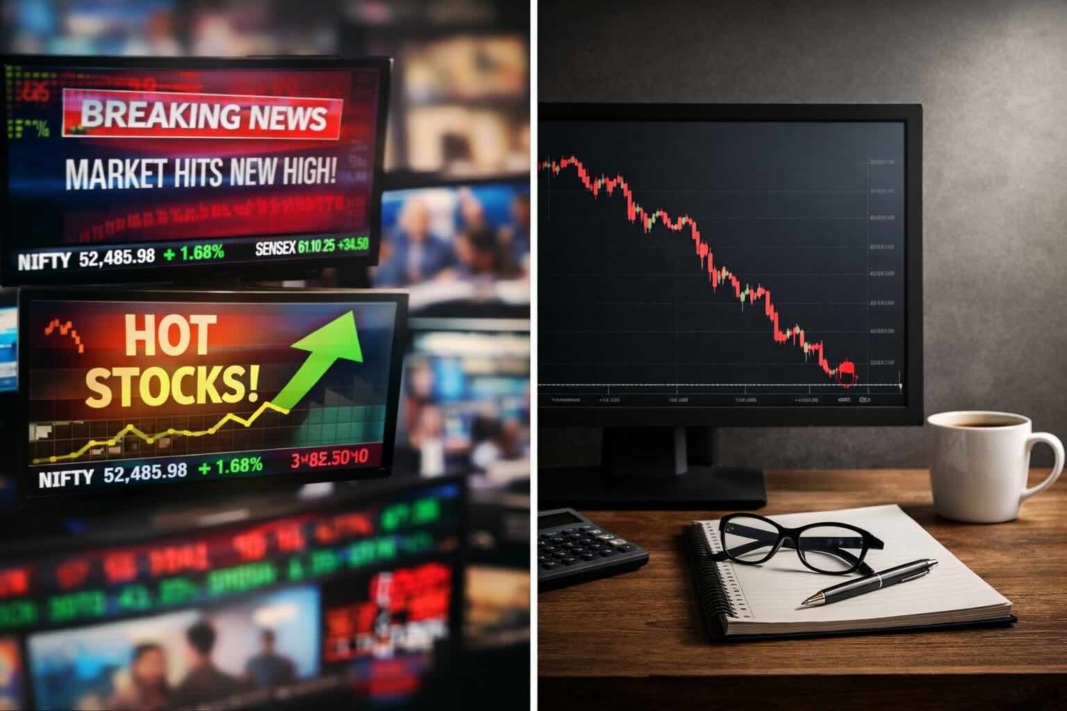 Split image showing market hype with breaking news and rising indices on one side, and a stock chart hitting a bottom on the other, representing FOMO investing versus bargain hunting