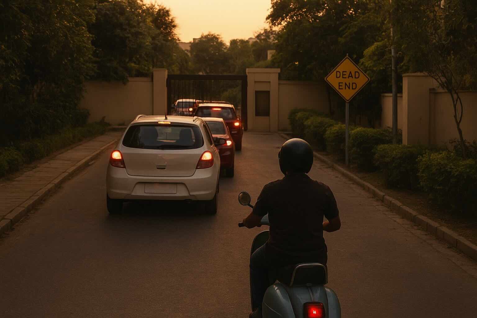 A man riding an old Vespa scooter follows a line of cars into a narrow residential lane at sunset, symbolizing blindly following others and taking the wrong financial route.