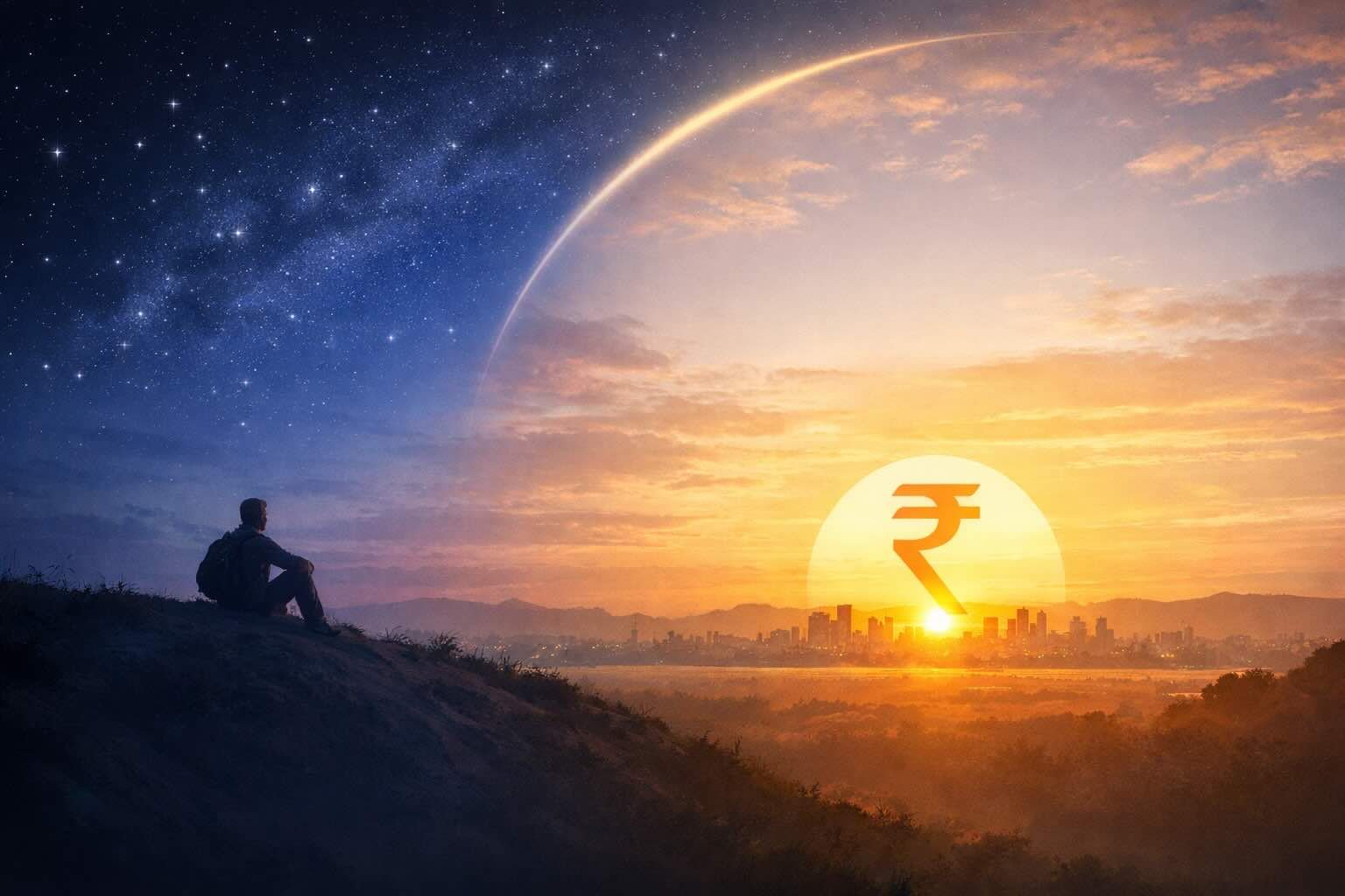 Dawn transitioning into sunrise over a city, symbolising how steady investing and compounding lead to financial freedom over time