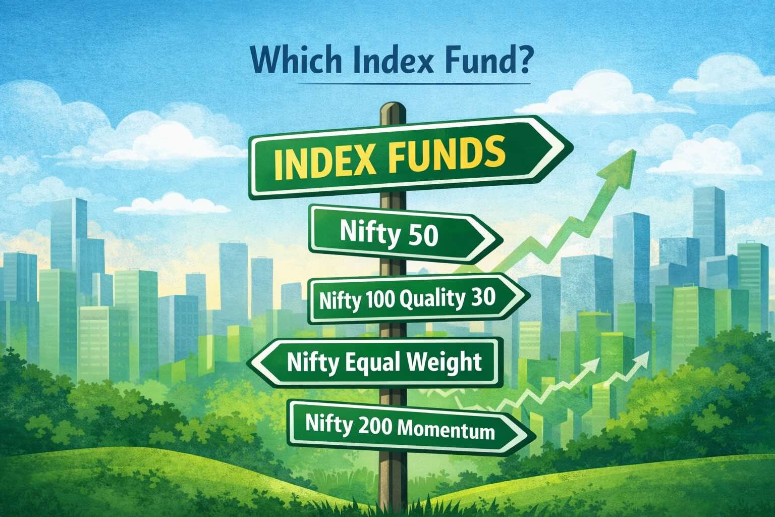 Illustration showing different index fund options in India like Nifty 50, Nifty Equal Weight and Nifty 200 Momentum represented as directional signboards