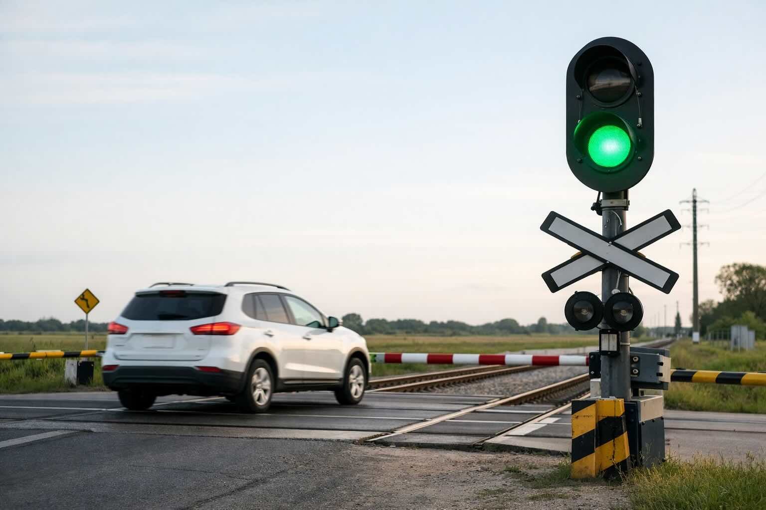 Train driver’s view of a green railway signal while a car crosses the tracks, highlighting a signal error at a railway crossing.