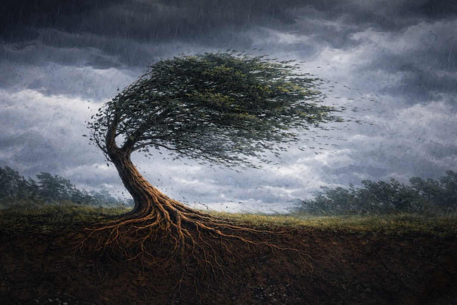 Storm-battered tree with exposed roots representing resilience, adaptability, and the Accept Adjust Advance mindset.