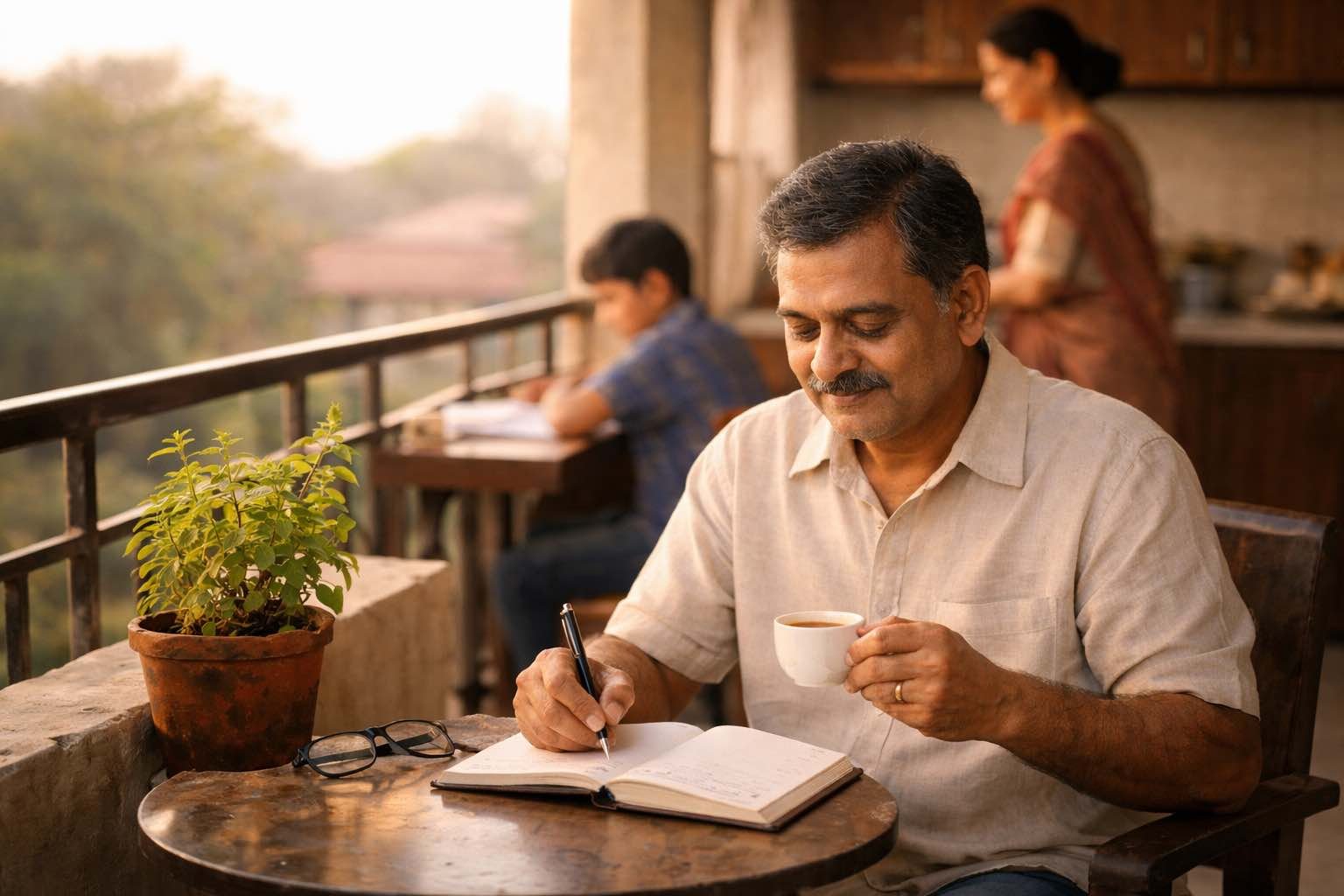 Middle-aged Indian father writing household budget in notebook on balcony while family prepares for the day