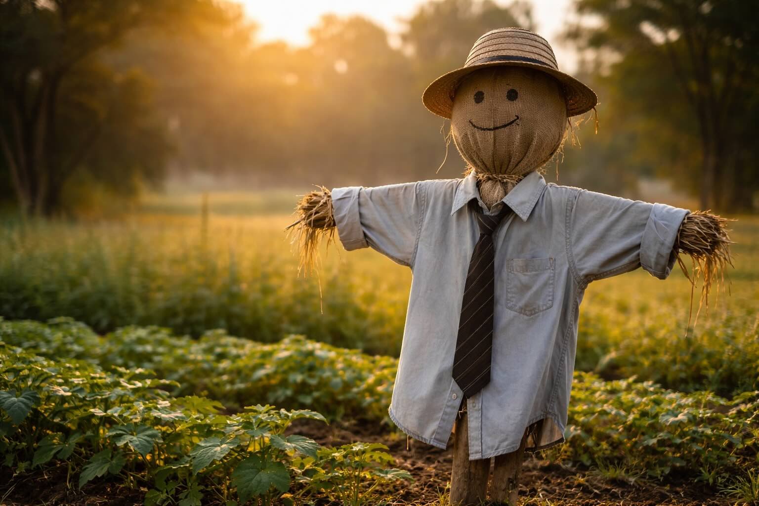 A handmade scarecrow standing in a green field at sunrise, symbolizing long-term protection, foresight, and growth beyond a salary mindset.