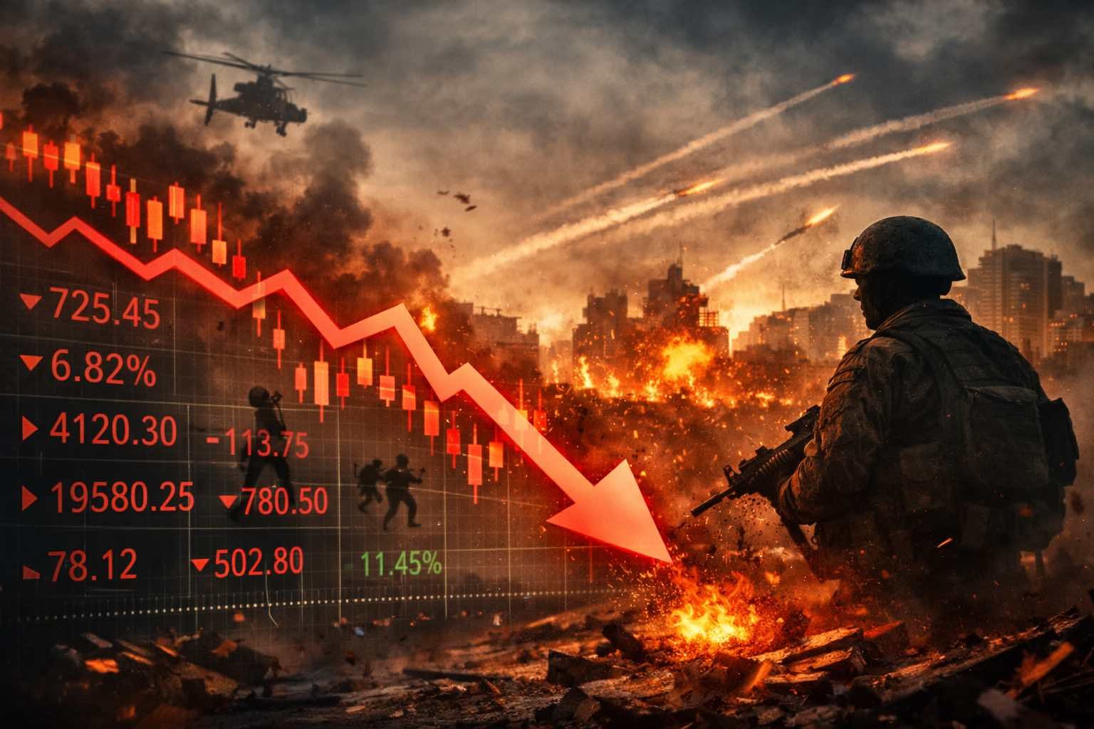 Explosions and soldier silhouette with sharp falling stock market graph representing Nifty50 correction amid global war tensions.