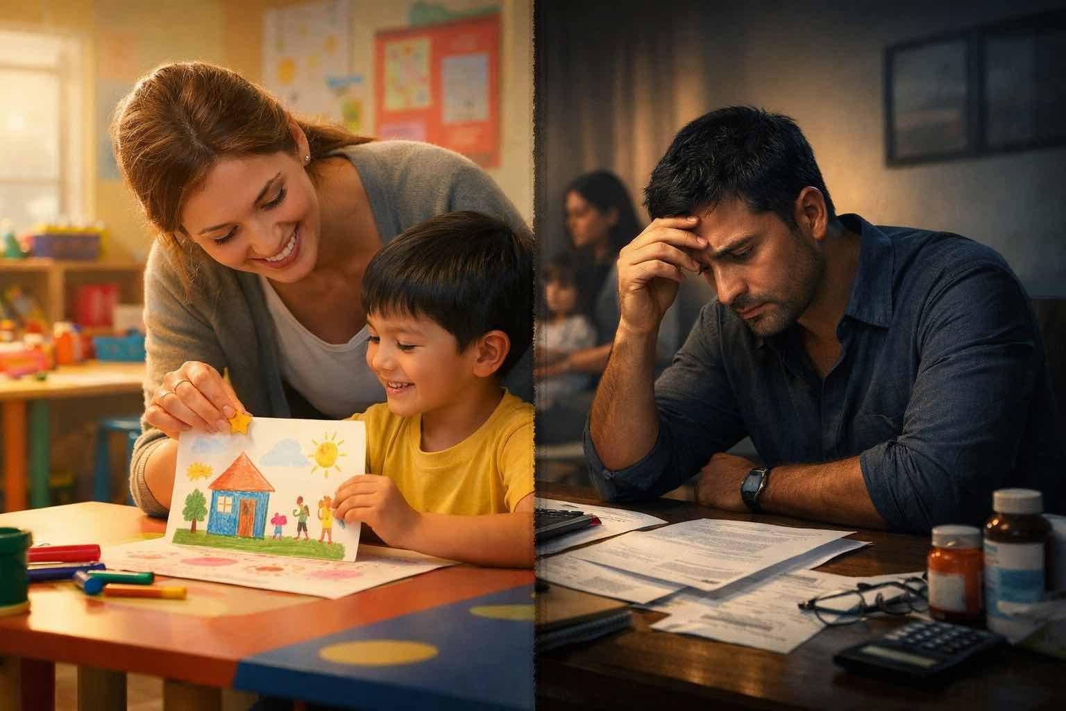 Contrast between a child being rewarded for effort in kindergarten and an adult managing financial responsibilities like bills and insurance