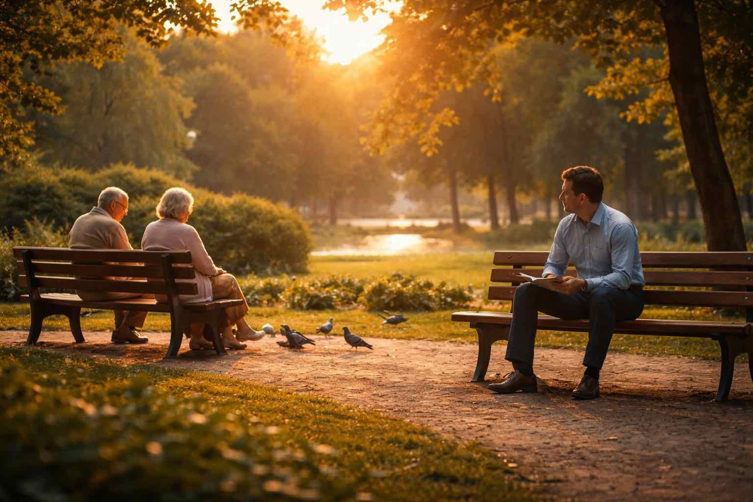 Middle-aged professional sitting on a park bench thinking about retirement while an elderly couple enjoys peaceful retirement nearby